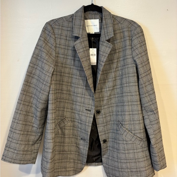 NWT American Eagle Oversized Grey Plaid Striped Boyfriend Blazer Large - Picture 2 of 6